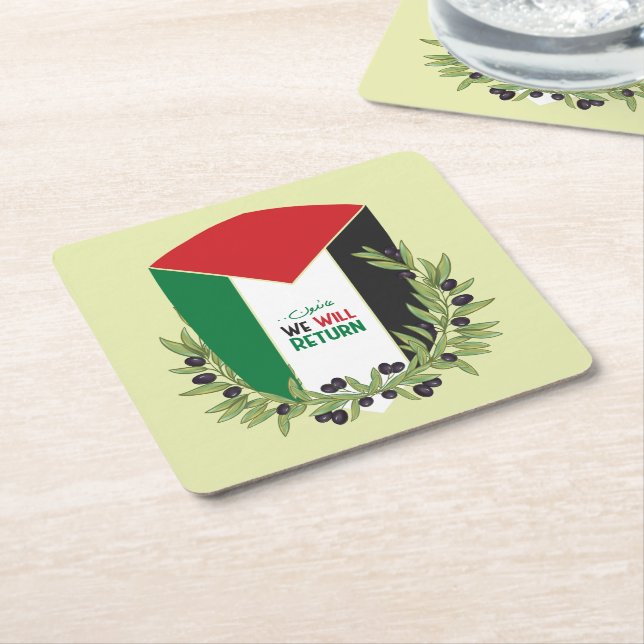 Posavasos Cuadrado De Papel Bandera palestina y ramas de olivo (En perspectiva)