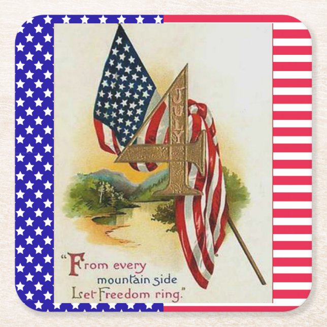 Posavasos Cuadrado De Papel Bandera Patriótica de Estrellas y Rayas 4 de julio (Anverso)
