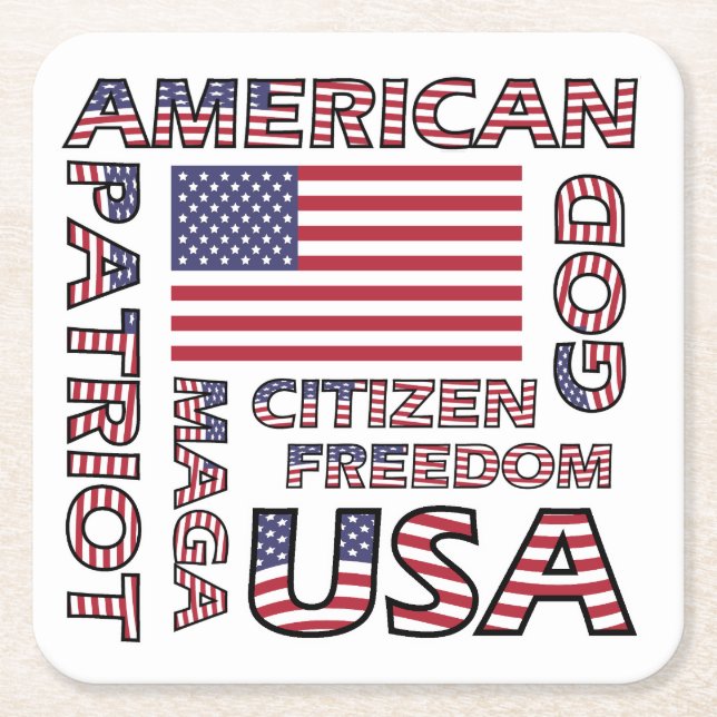Posavasos Cuadrado De Papel Bandera Texto de los Estados Unidos Patriotas Rojo (Anverso)
