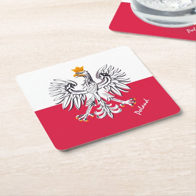 Posavasos Cuadrado De Papel Bandera y águila polacas, boda polaco, fiesta/depo (En perspectiva)