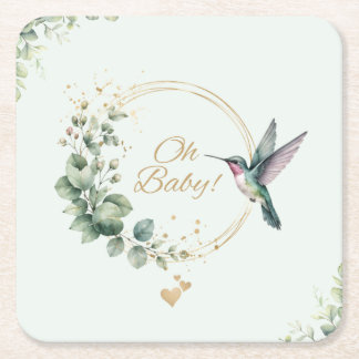Posavasos Cuadrado De Papel **Baño de bebé Pajarito colibrí Eucalipto Acuarela