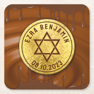 Posavasos Cuadrado De Papel Bar de chocolate de oro marrón Mitzvah o Bat Mitzv