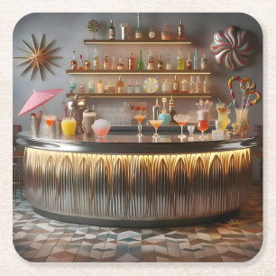 Posavasos Cuadrado De Papel Bar de fiesta futurista de mediados de siglo atómi