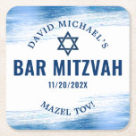 Posavasos Cuadrado De Papel Bar Mitzvah Relieve metalizado azul Típografía mod<br><div class="desc">¡Siéntete orgulloso, regocijo y exhibe este hito de tu Bar Mitzvah favorito! Celebra con esta audaz, impresionante, simple, moderna, montaña de papel personalizado. Faux pinceladas metálicas de Relieve metalizado azul claro, tipografía azul marino y una estrella azul marino de David superponen un fondo blanco y limpio. Personalice con el nombre...</div>
