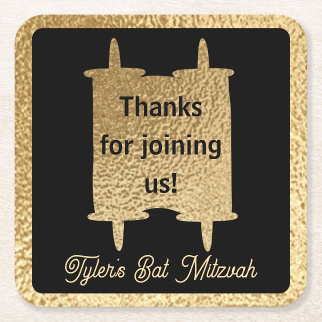 Posavasos Cuadrado De Papel Bar or Bat Mitzvah Gold Torah (Anverso)