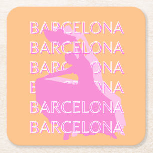 Posavasos Cuadrado De Papel Barcelona Travel Art, España Travel Art, Naranja