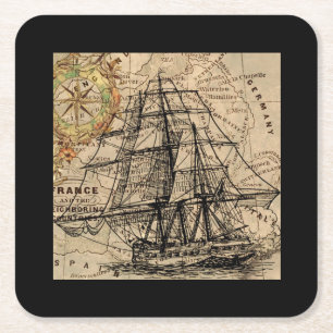 Posavasos Cuadrado De Papel Barco Antiguo y Mapa