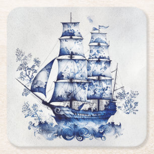 Posavasos Cuadrado De Papel Barco de vela de estilo Delft azul y blanco en el 