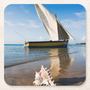 Posavasos Cuadrado De Papel Barco de vela y Shell el Mozambique, casa de