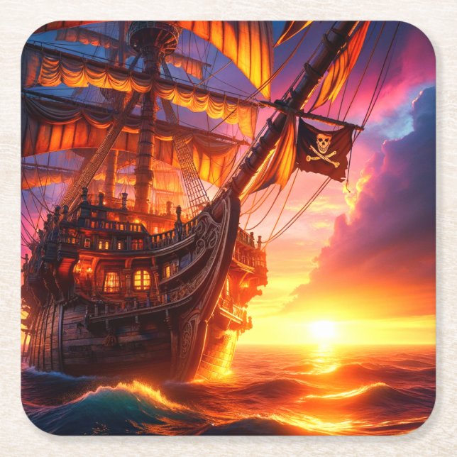 Posavasos Cuadrado De Papel Barco pirata (Anverso)