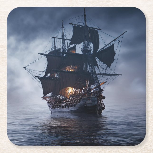 Posavasos Cuadrado De Papel Barco pirata de galeón español (Anverso)