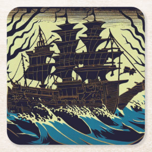 Posavasos Cuadrado De Papel Barco velero embrujado Woodblock 3
