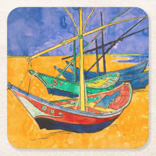 Posavasos Cuadrado De Papel Barcos de Van Gogh Impresionismo Playa