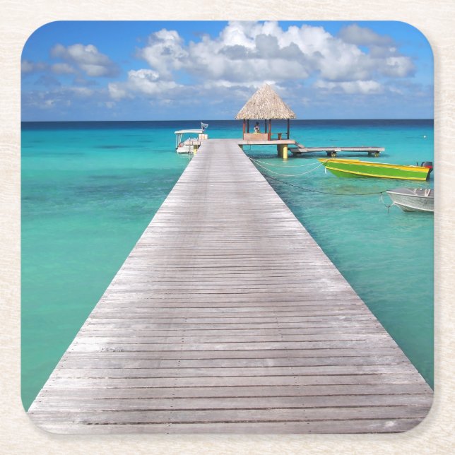 Posavasos Cuadrado De Papel Barcos en un embarcadero en el práctico de costa (Anverso)