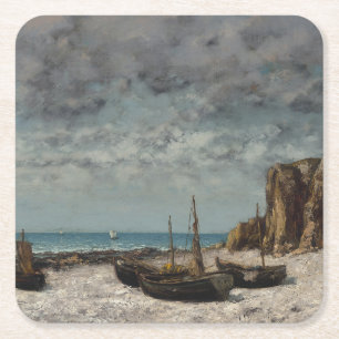 Posavasos Cuadrado De Papel Barcos en una playa, Étretat - Gustave Courbet