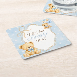 Posavasos Cuadrado De Papel Barely Wait Oso de Peluche Azul Niño Baby Shower