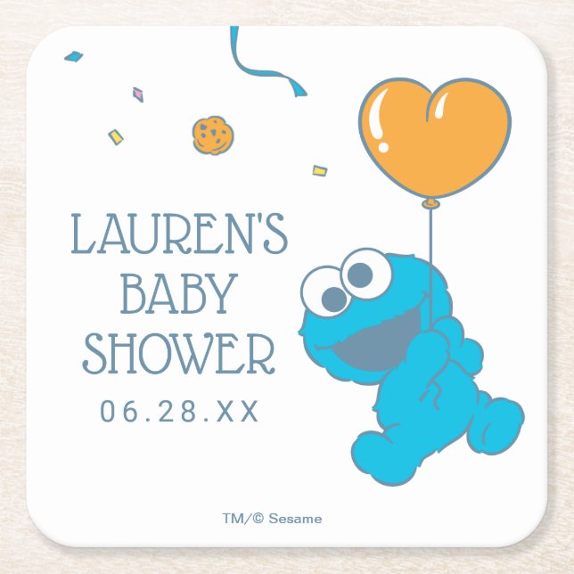 Posavasos Cuadrado De Papel Barrio Sésamo | Cookie Monster Baby Shower (Anverso)