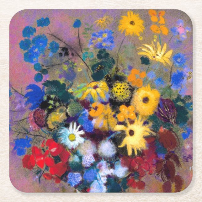 Posavasos Cuadrado De Papel Base blanca con flores Odilon Redon (Anverso)