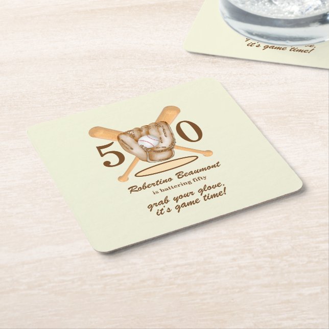 Posavasos Cuadrado De Papel Baseball Glove Bats Themed Men's 50th Birthday (En perspectiva)