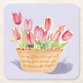 Posavasos Cuadrado De Papel Basket of Tulips | Floral Watercolor Painting