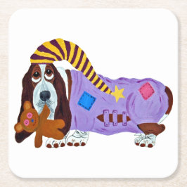 Posavasos Cuadrado De Papel Basset Hound en pijama con oso de peluche