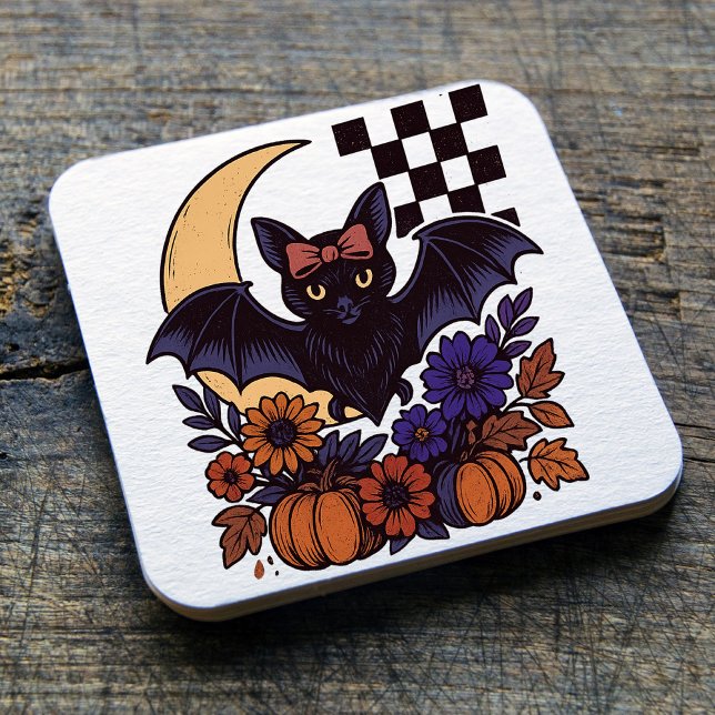Posavasos Cuadrado De Papel Batalla de Halloween Retro Con Estética Gótica De  (This retro Halloween bat design captures spooky charm with a gothic twist.)