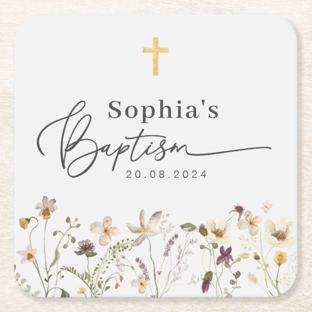 Posavasos Cuadrado De Papel Bautismo de flores silvestres (Anverso)