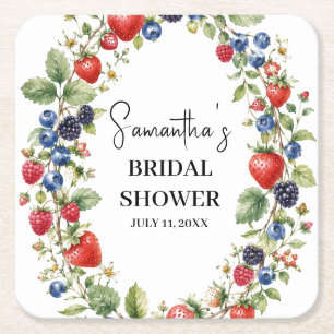 Posavasos Cuadrado De Papel Baya enamorada Bayas de fresa Baby Shower nupcial