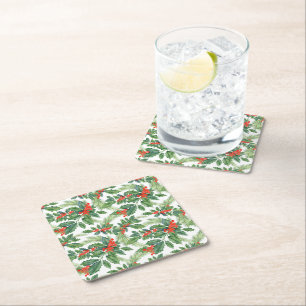 Posavasos Cuadrado De Papel Bayas Rojas Acebo Verde Floral Navidad Fiesta