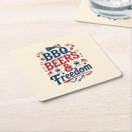 Posavasos Cuadrado De Papel BBQ, Beers & Freedom – Retro 4th of July Vibes