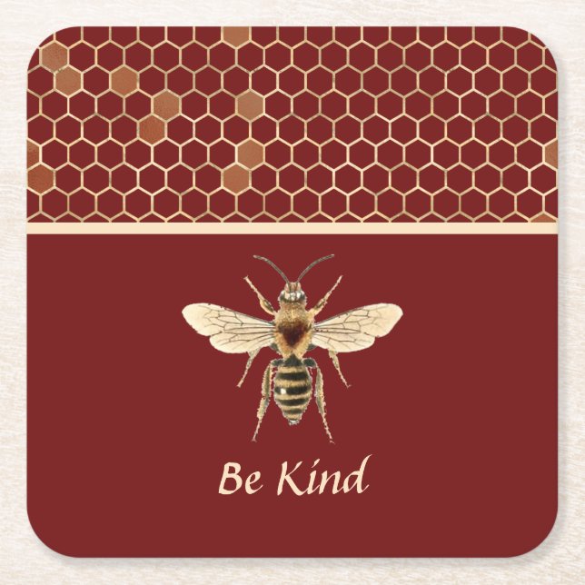 Posavasos Cuadrado De Papel Be Kind Bee and Honeycomb sobre Borgoña (Anverso)