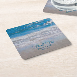 Posavasos Cuadrado De Papel Beach Blue Tropical Ocean Waves Boda costero
