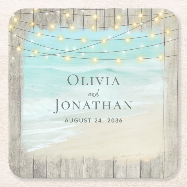 Posavasos Cuadrado De Papel Beach Coastal Rustic Wood String Lights Boda (Anverso)