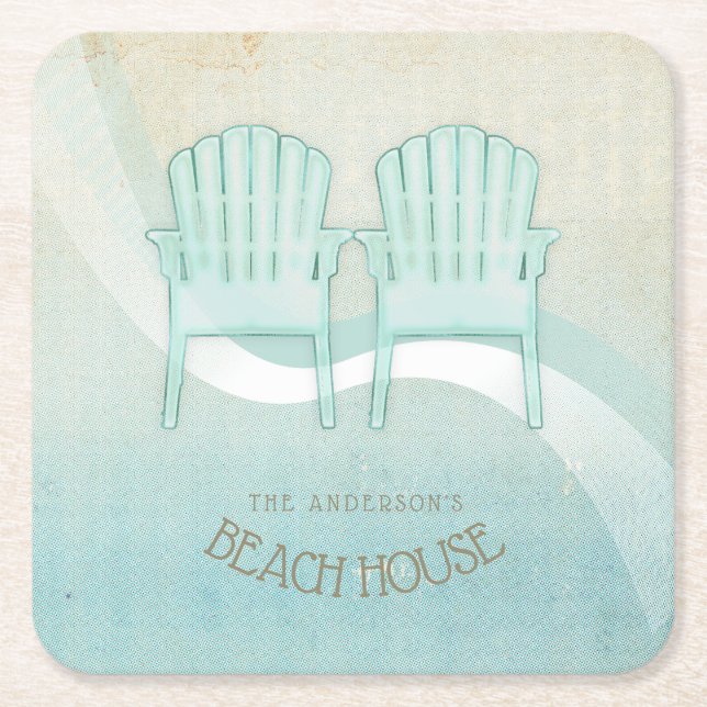 Posavasos Cuadrado De Papel Beach House Adirondack Chairs Aqua Blue ID623 (Anverso)