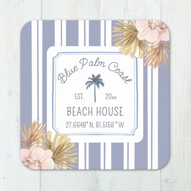 Posavasos Cuadrado De Papel Beach House Blue Stripes Coastal Boho Farmhouse (In situ)