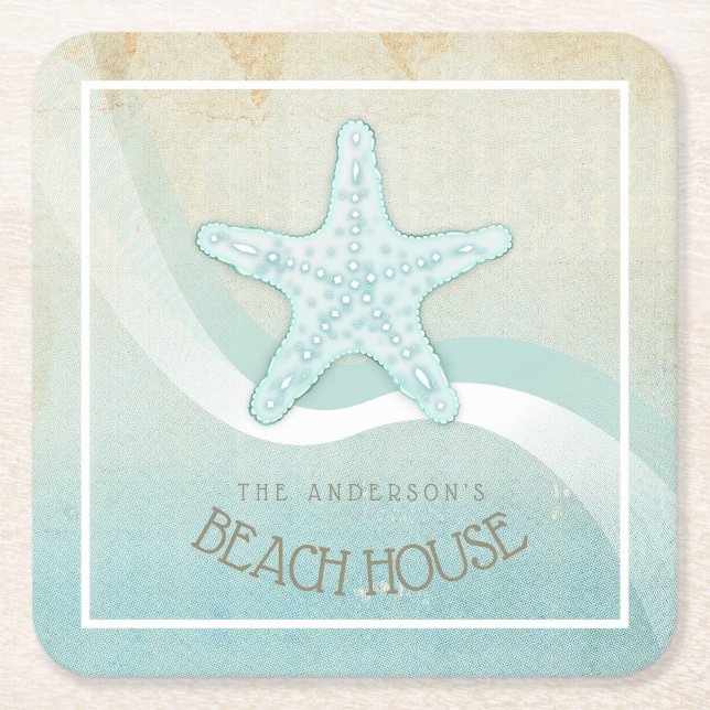 Posavasos Cuadrado De Papel Beach House Nautical Starfish Aqua Blue ID623 (Anverso)