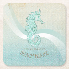 Posavasos Cuadrado De Papel Beach House Seahorse Aqua Blue ID623