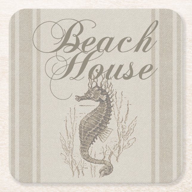 Posavasos Cuadrado De Papel Beach House Seahorse Seashore (Anverso)