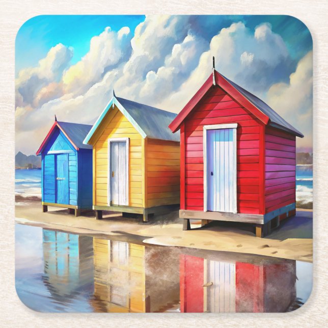 Posavasos Cuadrado De Papel Beach Huts (Anverso)