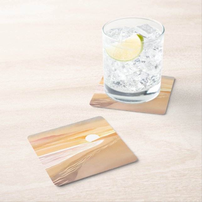 Posavasos Cuadrado De Papel Beach Sunset Watercolor | Beautiful Yellow  (In situ)