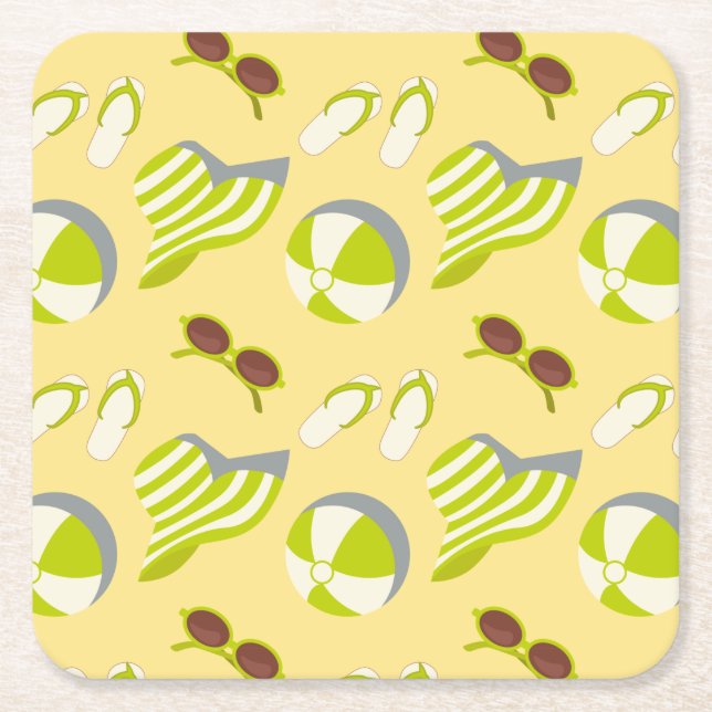 Posavasos Cuadrado De Papel Beach vacay pattern with sunglasses and sun hat (Anverso)