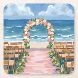 Posavasos Cuadrado De Papel Beach Wedding Aisle Floral Watercolor