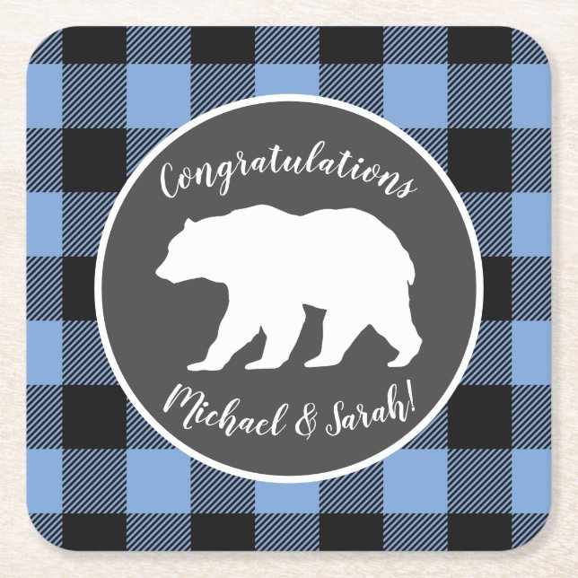 Posavasos Cuadrado De Papel Bear Baby Shower Boy Blue (Anverso)