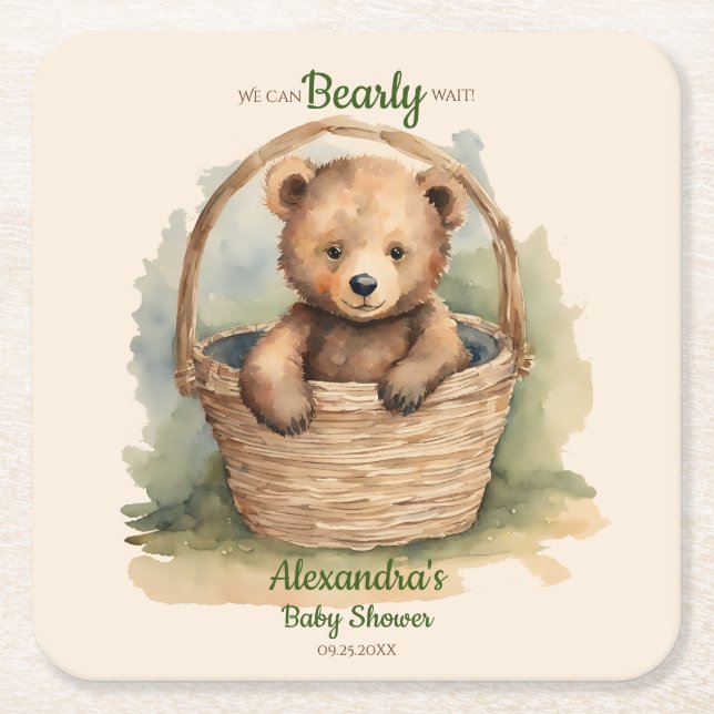 Posavasos Cuadrado De Papel Bear Cub Sexo Baby Shower Neutral (Anverso)