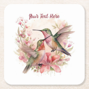 Posavasos Cuadrado De Papel Beautiful Humming Birds with Flowers