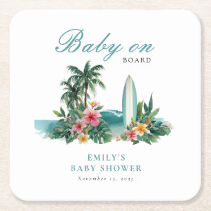 Posavasos Cuadrado De Papel Bebé a Bordo Surf Playa Baby Shower