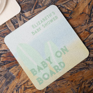 Posavasos Cuadrado De Papel Bebé a bordo Surfing Playa Acuarela Baby Shower
