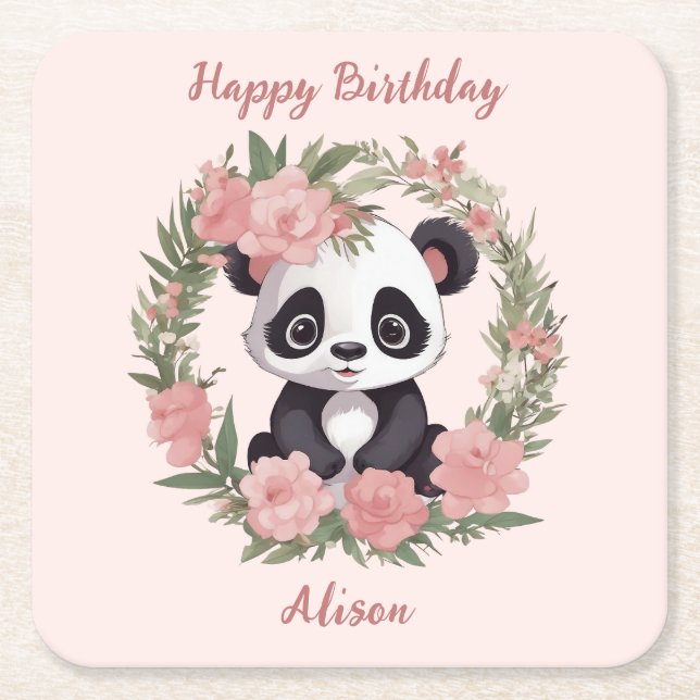 Posavasos Cuadrado De Papel Bebé Adorable Panda Bear con Flores (Anverso)