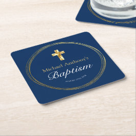 Posavasos Cuadrado De Papel Bebé Baptism Navy Blue Gold Cross