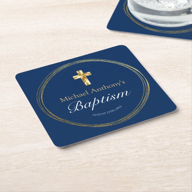Posavasos Cuadrado De Papel Bebé Baptism Navy Blue Gold Cross (En perspectiva)